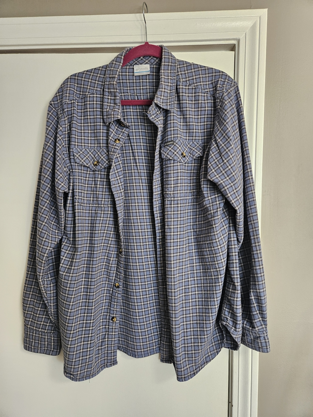 Columbia Blue and Gray Plaid Casual Button-Down Shirt